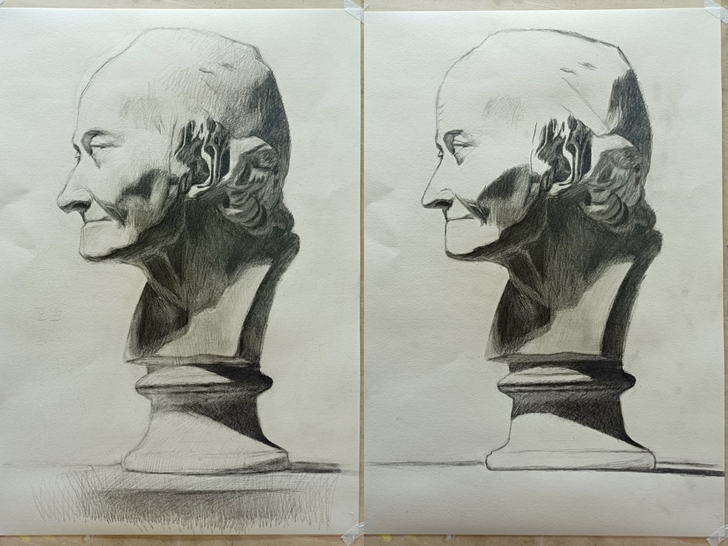 素描课学生作品，零基础学了三个月，左边是我...