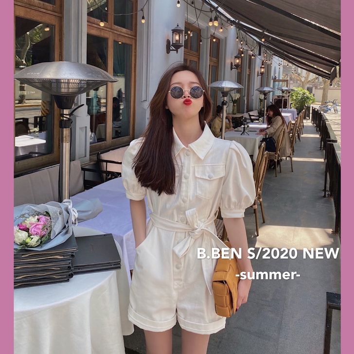 定制款 盐系少女穿搭米白色牛仔连体裤直筒系...