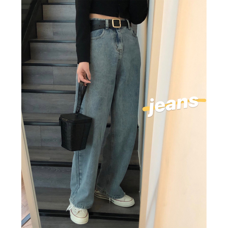 蔡妞妞 拖地牛仔裤女直筒宽松春季高腰泫雅风...