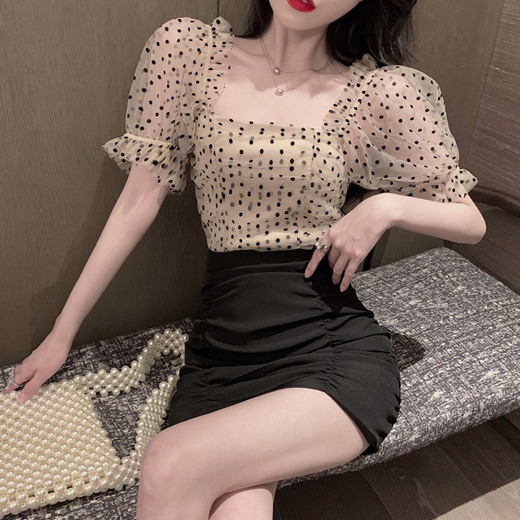 泡泡袖波点网纱雪纺衬衫女设计感小众复古港味...