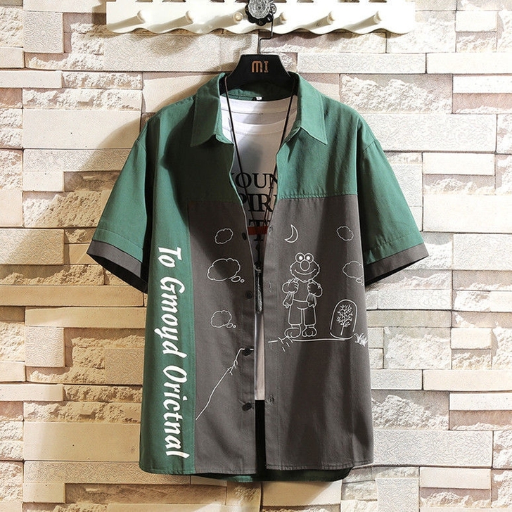 亏本处理~短袖衬衫男士宽松撞色拼接上衣服衬...