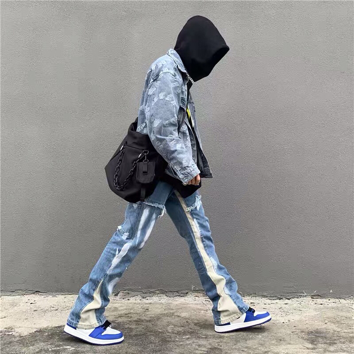 高街水洗做旧刷漆手绘拼接牛仔裤男vibe风...