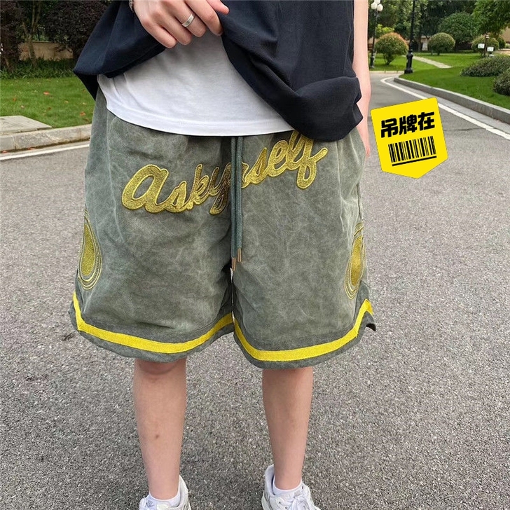 美式高街刺绣腰果花复古军布抽绳短裤