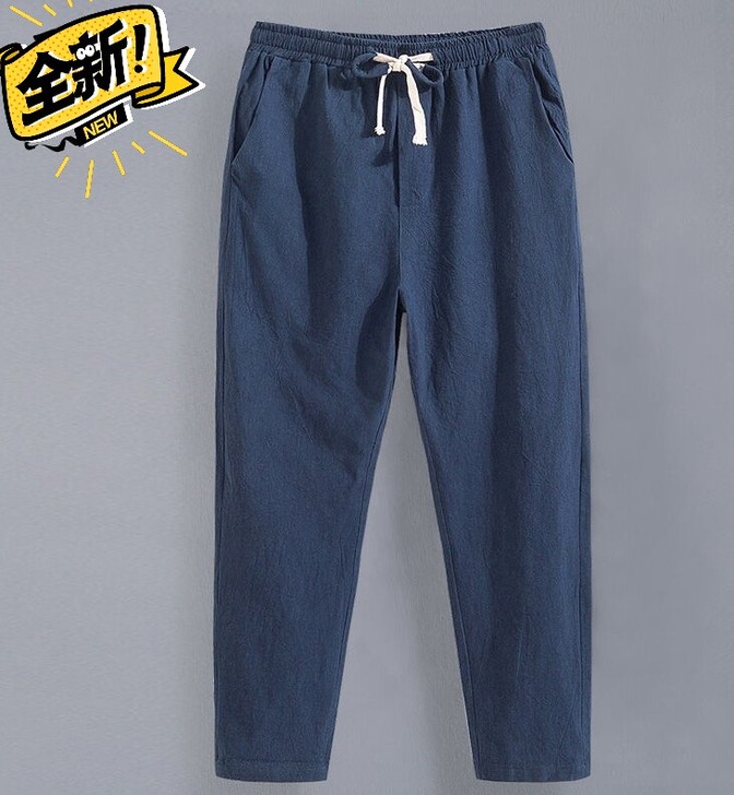 男士夏季亚麻九分裤男宽松直筒休闲裤薄款9分...