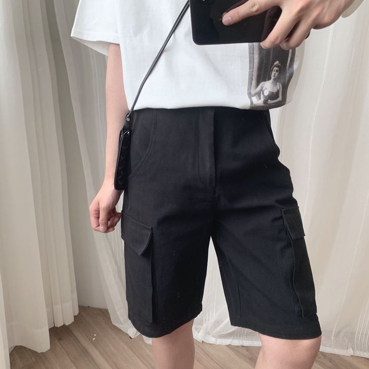 阿茶与阿古两色大口袋短裤男夏季港风工装裤子...