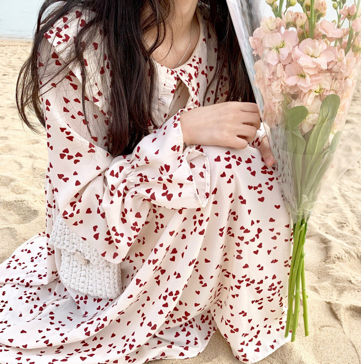 YUKI小树家 爱心甜美少女系雪纺连衣裙长...