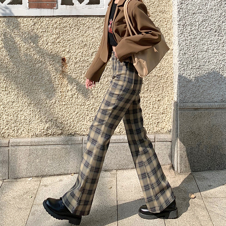 格子裤子女修身2021新款春季百搭休闲裤高...