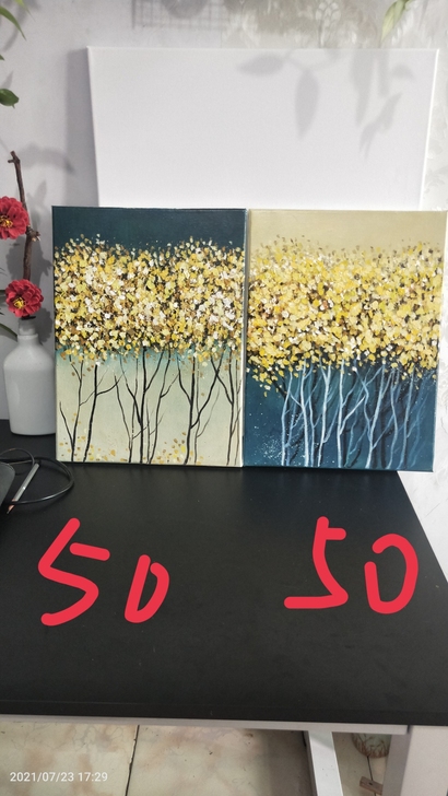 两幅 纯手绘油画作品《发财树》带内框出，两...