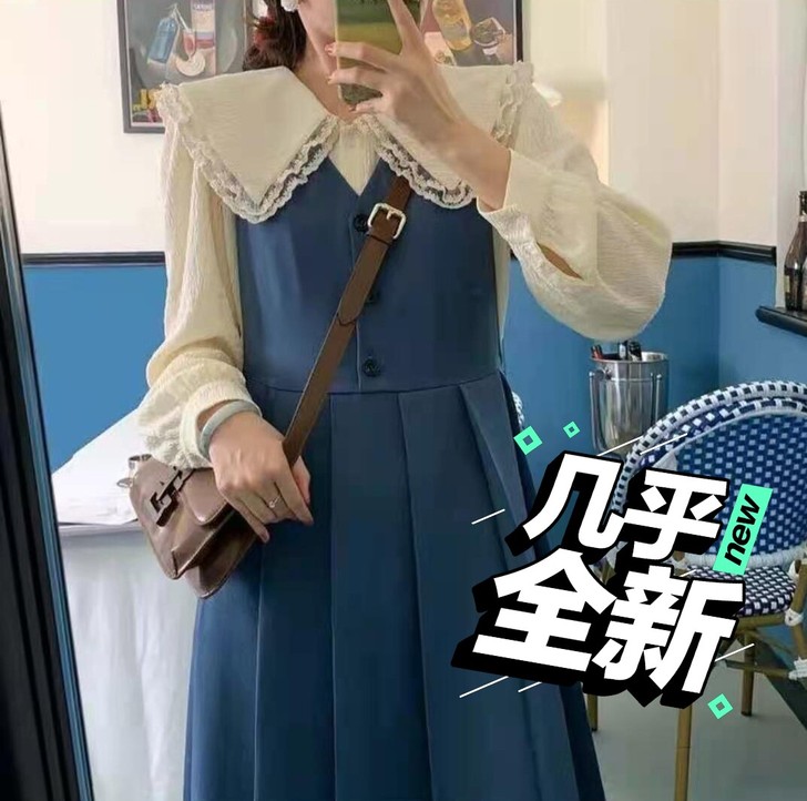 学院风复古灯芯绒蓝色长裙  s码