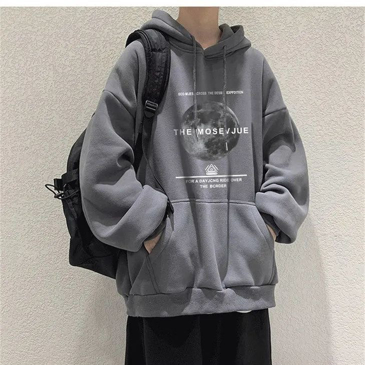 春秋季薄款月球印花男士连帽卫衣男学生韩版宽...