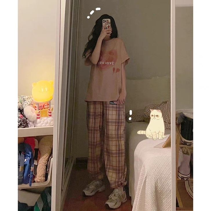 粉色格子裤宽松直筒抽绳束脚裤子小个子运动裤...
