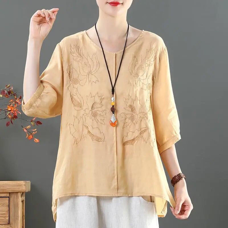 棉麻刺绣上衣文艺复古刺绣V领五分袖T恤女夏...