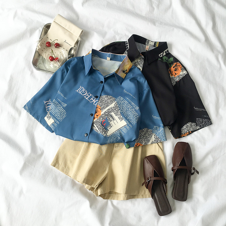 2020春夏女装韩版宽松原宿衬衫女个性印花...