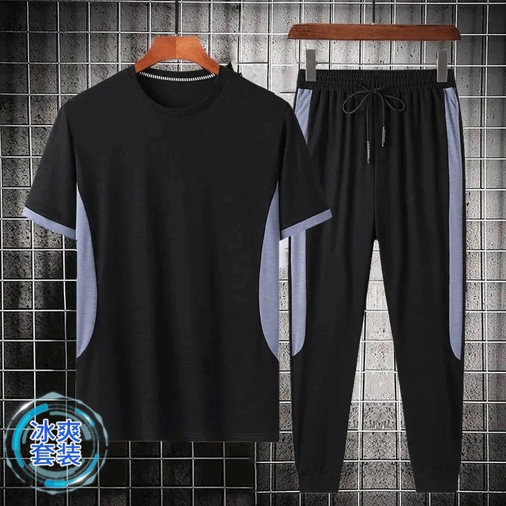 夏季休闲衣服男士青年运动套装男时尚百搭拼接...