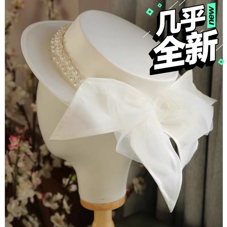 法式新娘小礼帽时尚百搭名媛白色珍珠蝴蝶结复...