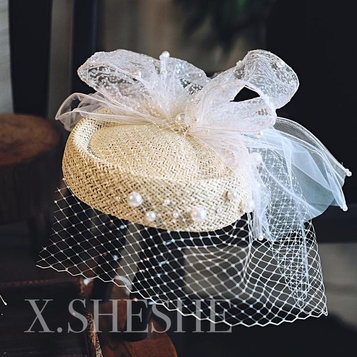 法式森系复古轻奢草编手工蝴蝶结面纱小礼帽新...