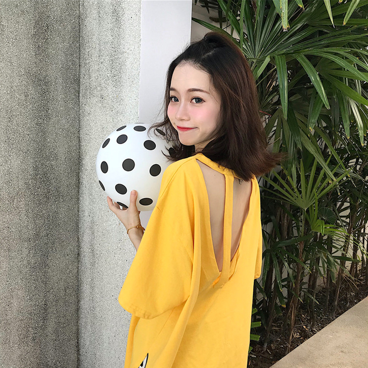 夏季新款宽松中长款后背镂空漏背短袖T恤女韩...