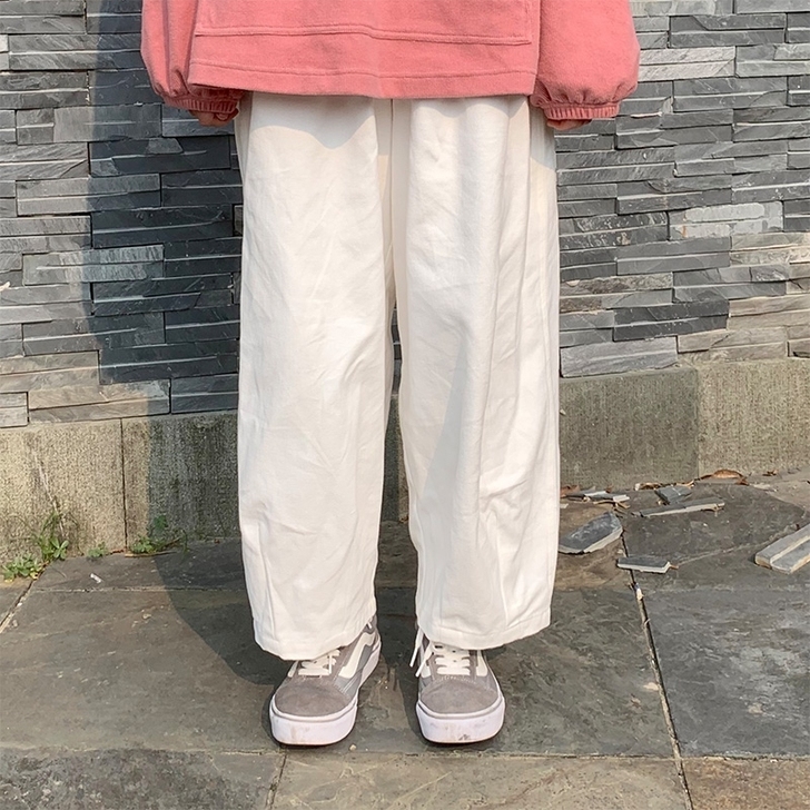 周末时集原创自制松紧拉链腰白色日系宽松直筒...