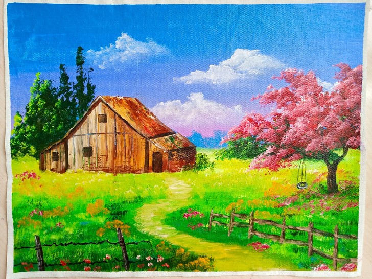 全新手绘丙烯画美丽乡村，尺寸3326，独家...