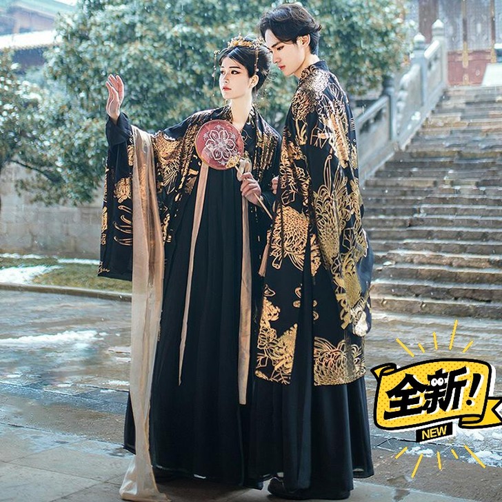 汉服【君临】烫金大袖衫情侣黑色套装交领对襟...