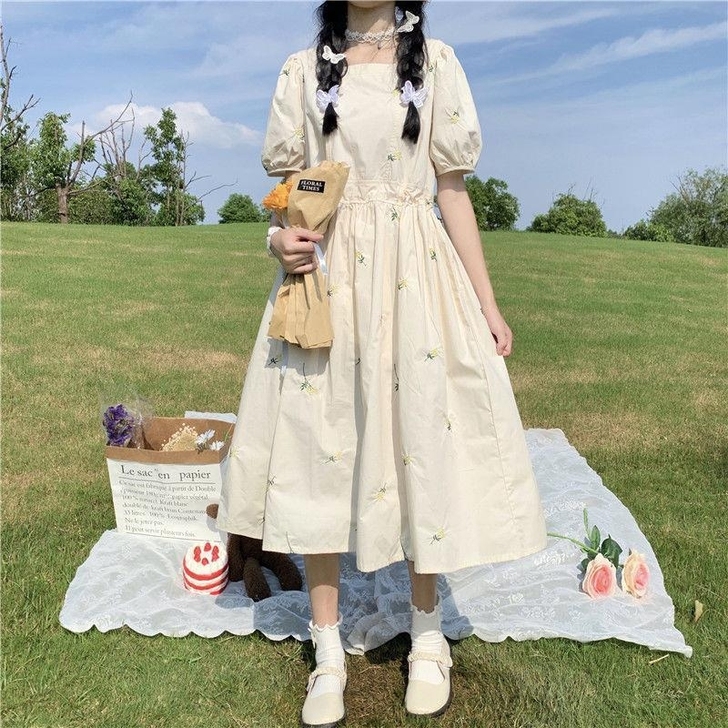 泡泡袖连衣裙小个子夏日系甜美温柔风裙子仙女...