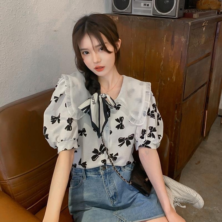 甜美网纱娃娃领衬衫夏季2021新款法式蝴蝶...