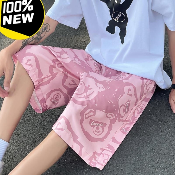 裤子男夏季小熊印花短裤港风宽松潮流休闲裤2...