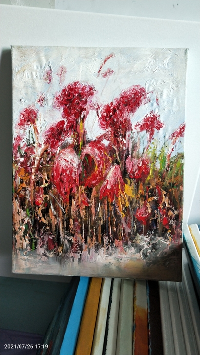 纯手绘油画作品 《鸡冠花》厚肌理抽象画带内...