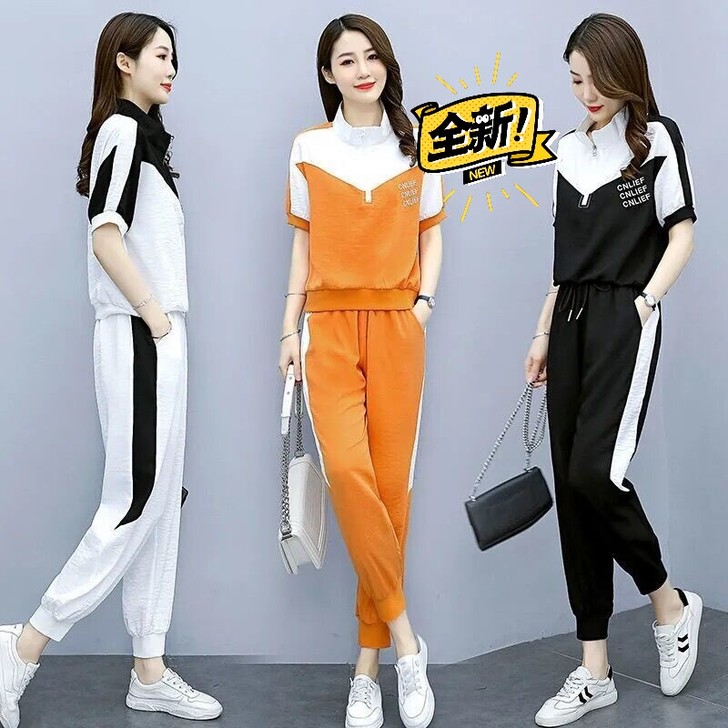 特价运动套装女2021年夏季新款时尚撞色拼...