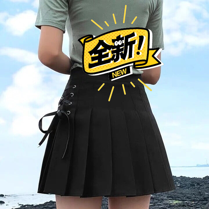 超美绑带款百褶裙女短裙高腰A字半身裙学院风...
