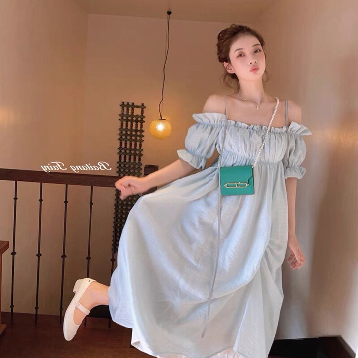 2021新款夏日度假裙一字肩吊带梗桔初恋系...