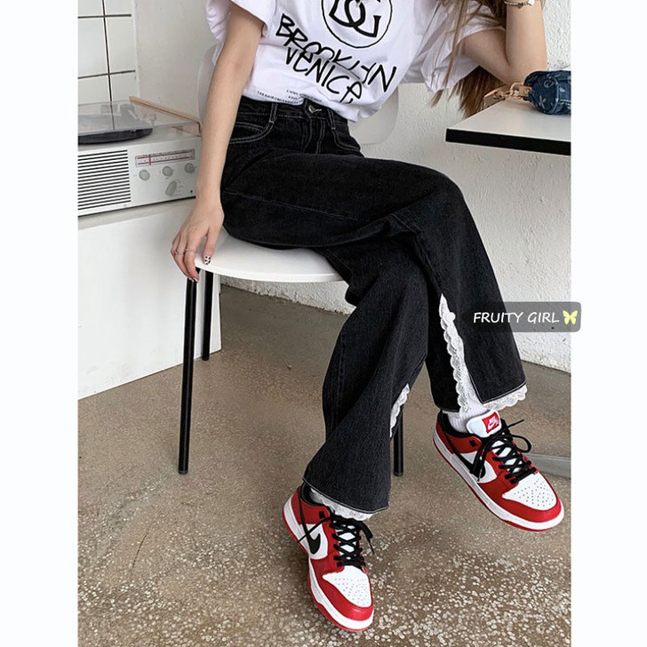 韩版chic设计感蕾丝拼接高腰黑色牛仔裤女...