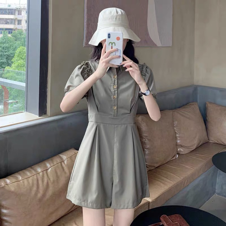 泡泡袖修身连体裙裤 女夏 显瘦 显身材 显...