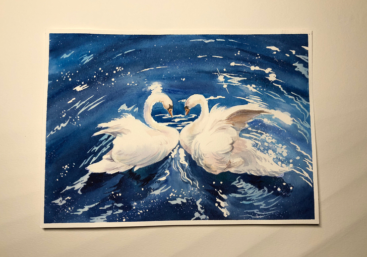 纯手绘水彩画,水彩作品,水彩天鹅,情人节礼...