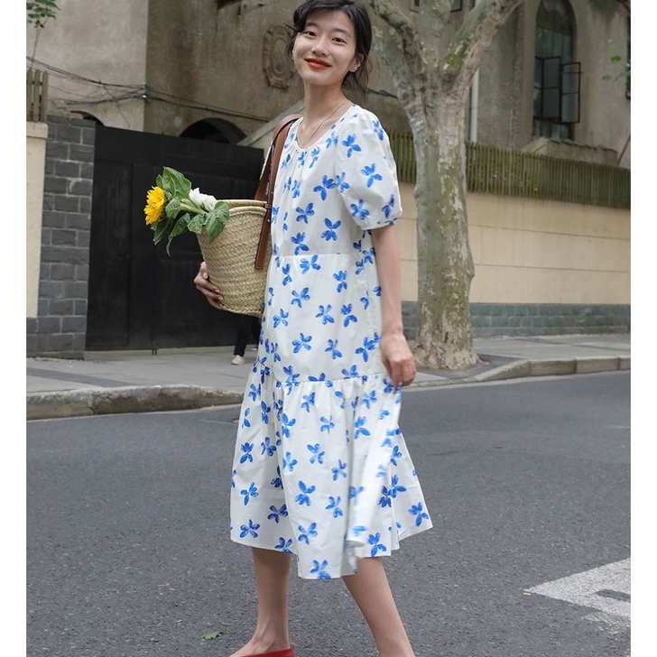 泡泡袖花朵连衣裙森系日系中长款裙子
