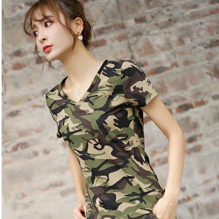 2021夏季女装迷彩短袖t恤全棉运动百搭上...
