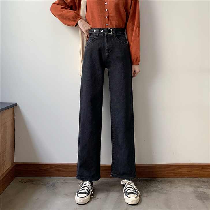 裤子春季新款显瘦黑色高腰牛仔裤女宽松chi...