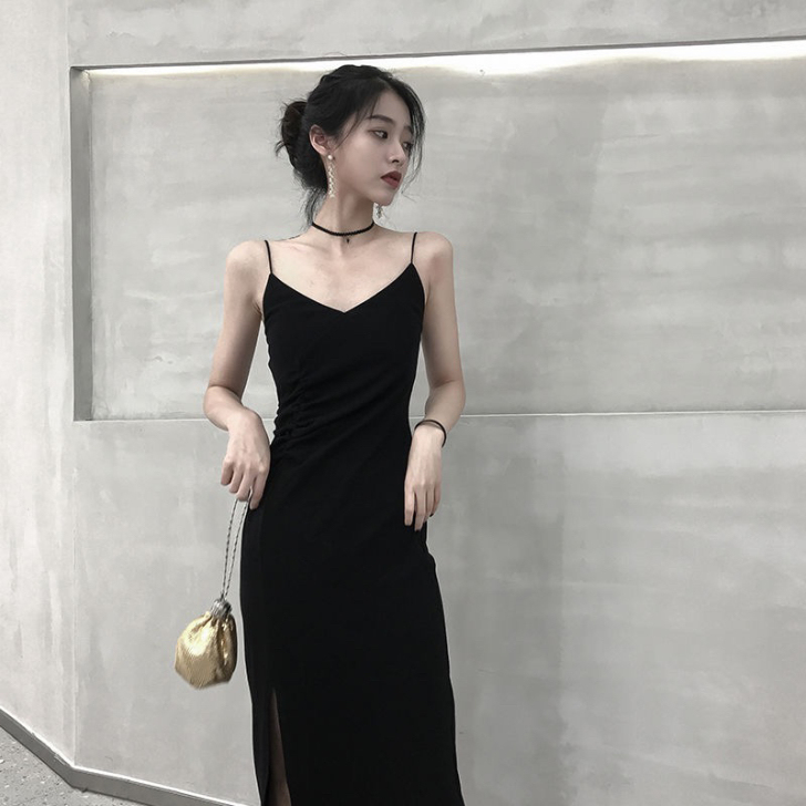 ins风女士小v领黑色开衩长裙 全新未拆封...