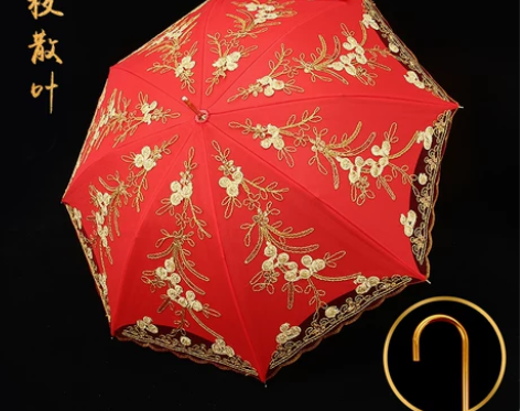 红伞结婚新娘伞女婚庆出嫁蕾丝花边刺绣长柄中...