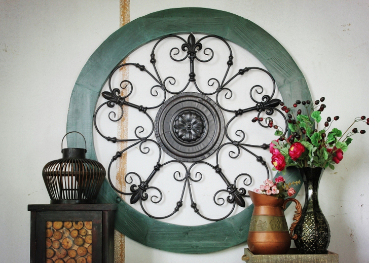 创意设计美式风格家居外贸实木铁艺浮雕花圆形...