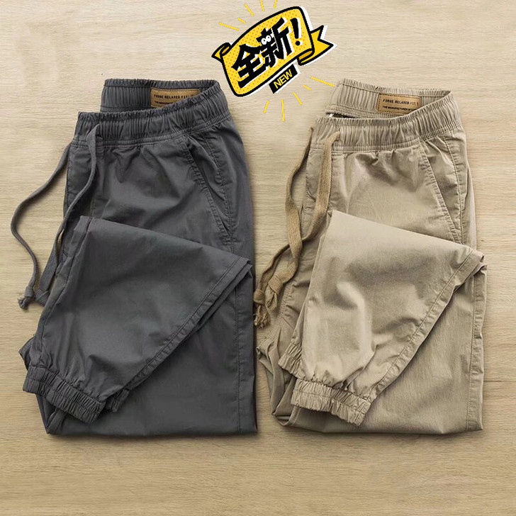 九分工装裤男休闲裤松紧腰修身束脚裤微弹力长...