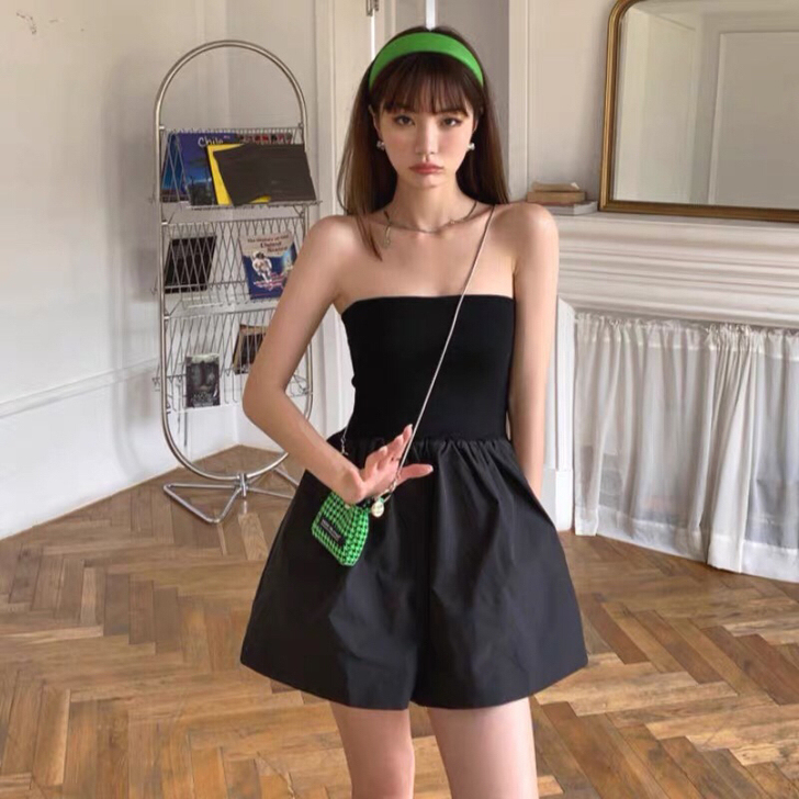 抹胸连体裤女高腰显瘦宽松阔腿短裤2021夏...