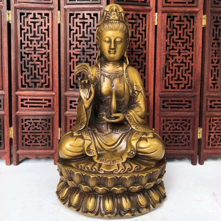 早年淘来老铜佛像坐莲花柳枝观音菩萨坐像，全...
