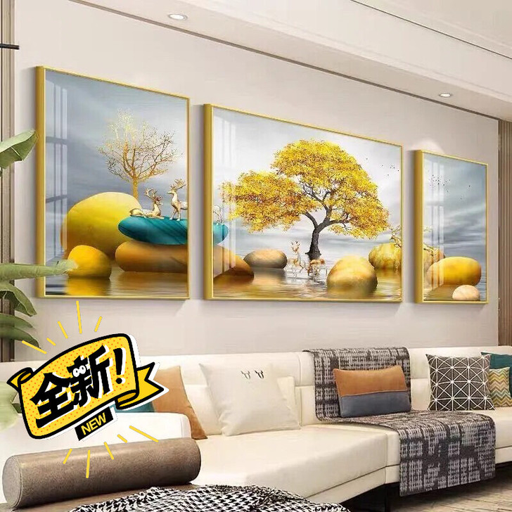 晶瓷客厅装饰画简约现代三联挂画墙画轻奢沙发...