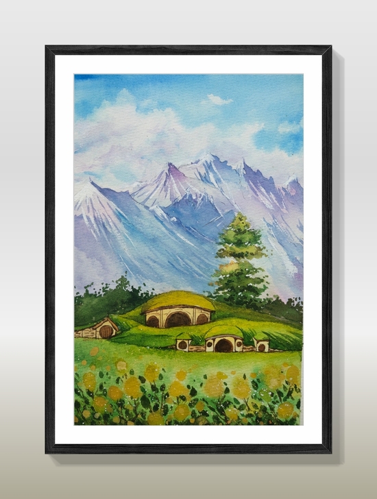 绿色花海雪山纯手绘装饰画梦幻挂画