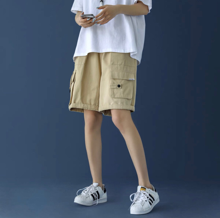 @绿光 工装休闲短裤女2021年宽松直筒显...