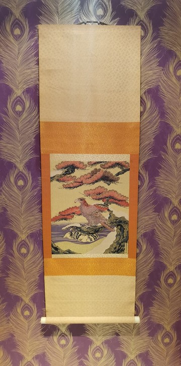 日本回流刺绣画，织锦画，松鹰图，狩野永潓法...