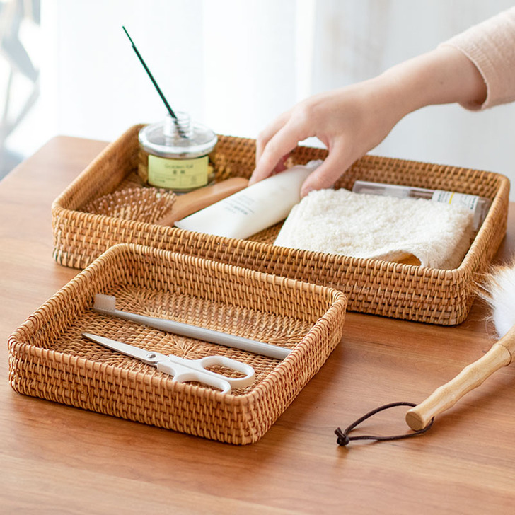 梵鱼桌面收纳筐草编编织收纳盒零食水果篮子竹...