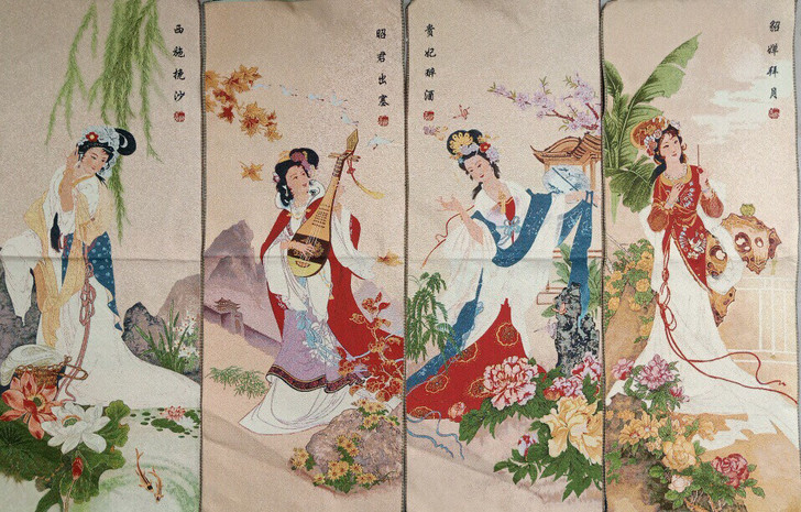 织锦绣：四大美女刺绣画人物 布绣 未装裱 ...