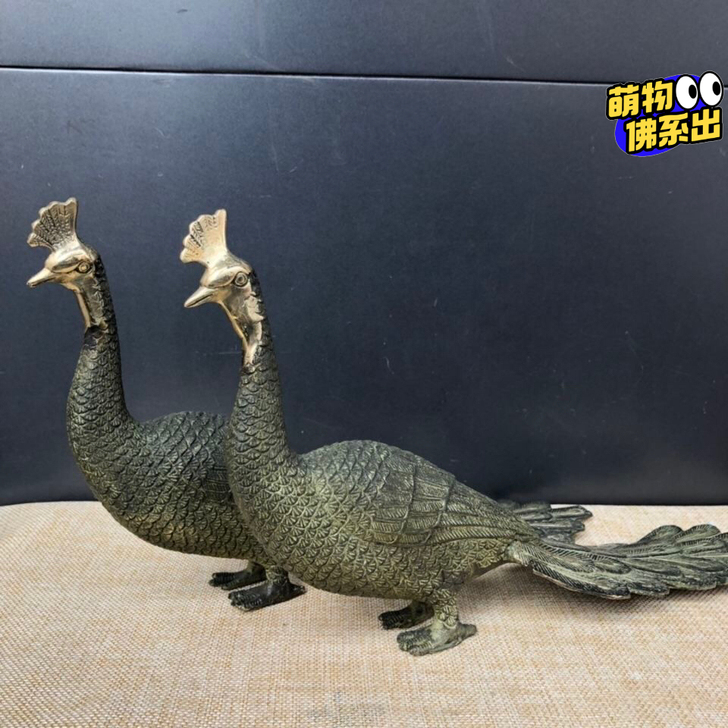 古玩收藏 青铜鎏金动物孔雀一对摆件 家居装...